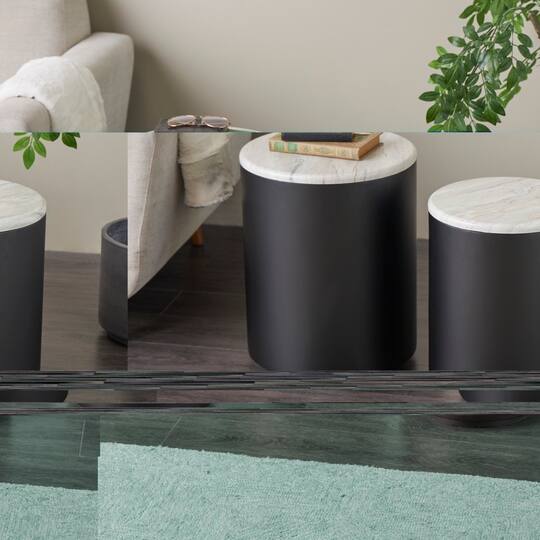 Black Metal Nesting Accent Table with Faux White Marble Top Set